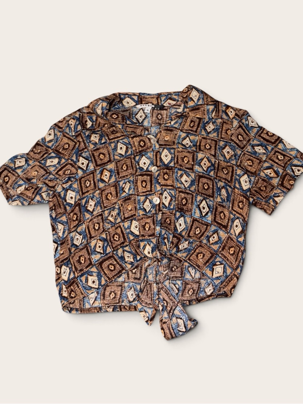 Studio JPR Women’s M Geometric Tie Front Blouse Brown Blue 90s Y2K